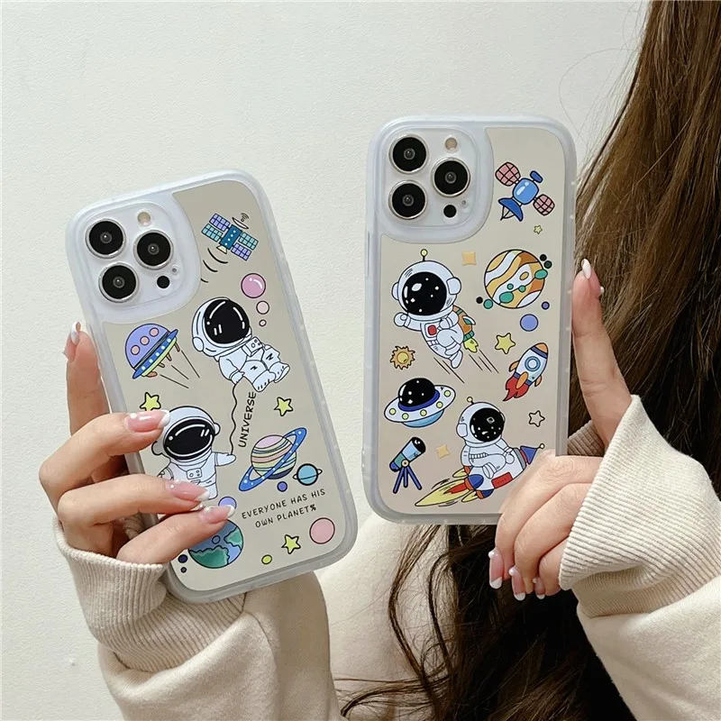 

Cute Painted Space Astronaut Spaceship Rocket Mirror Couple Soft Case For Iphone 11 12 13 Pro Max Xr X Xs Anti-drop Cover Fundas