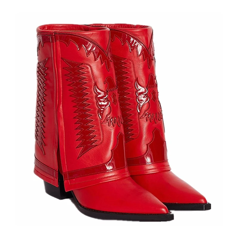 

Женские ковбойские сапоги из натуральной кожи, черные или красные короткие сапоги в стиле панк, большие размеры 34-43, Осень-зима 2021