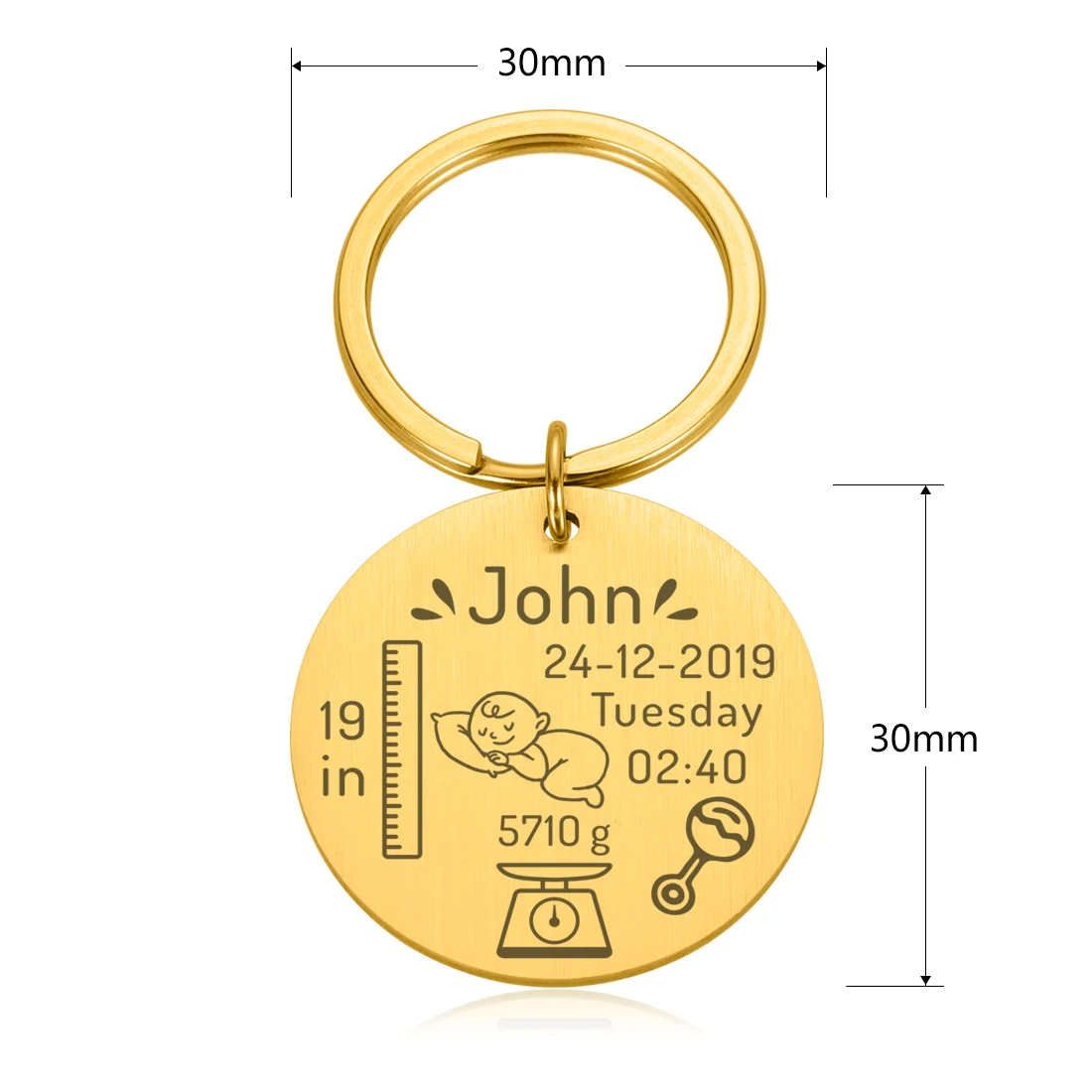 Брелок для ключей новорожденных с именем рождения и весом |