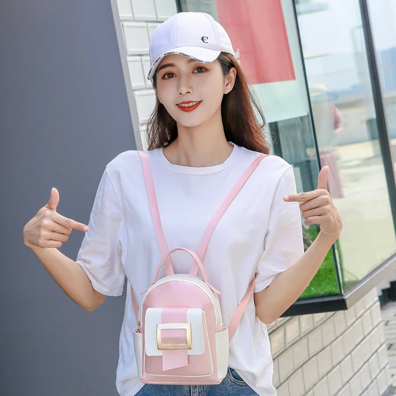 

Big Capacity Women Backpack Fashion Color Matching Small Backpack Ladies Shoulder Crossbody Bag Soft Leather Female Min