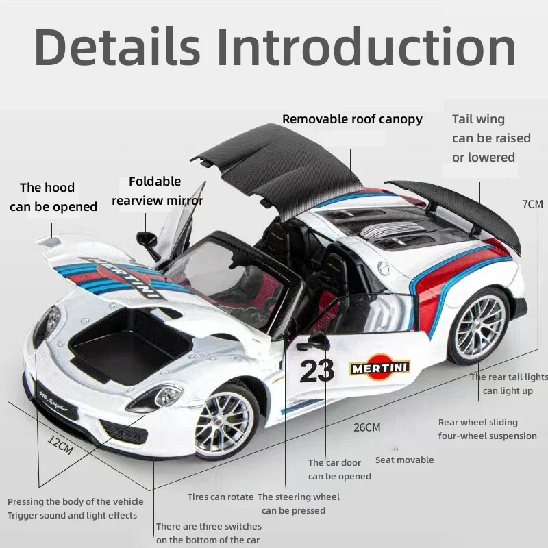 Модель автомобиля в масштабе 1:18 Porsche 918 Spyder Martini Racing из сплава