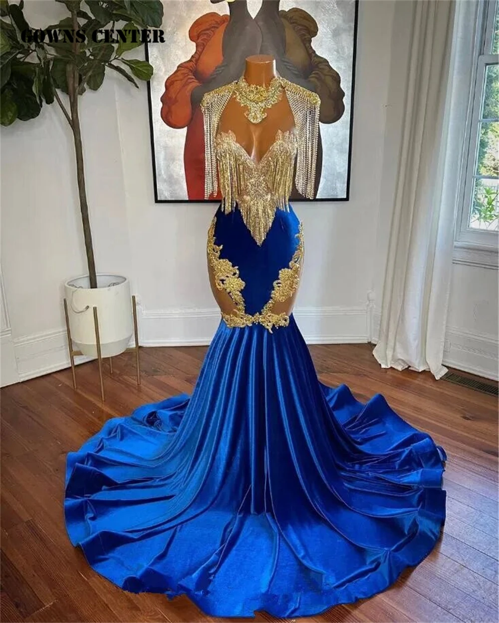 

King Blue Velvet Tassel African Long Prom Dress Sheer Mesh Gold Diamond Crystal Backless Trumpet Birthday Party Gown High Neck