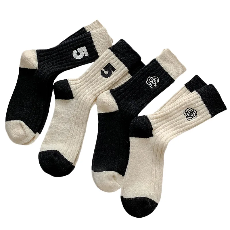 

Wool Season Thick Mid Length Stockings Camellia Embroidered Warm Cashmere Stockings Black Stockings