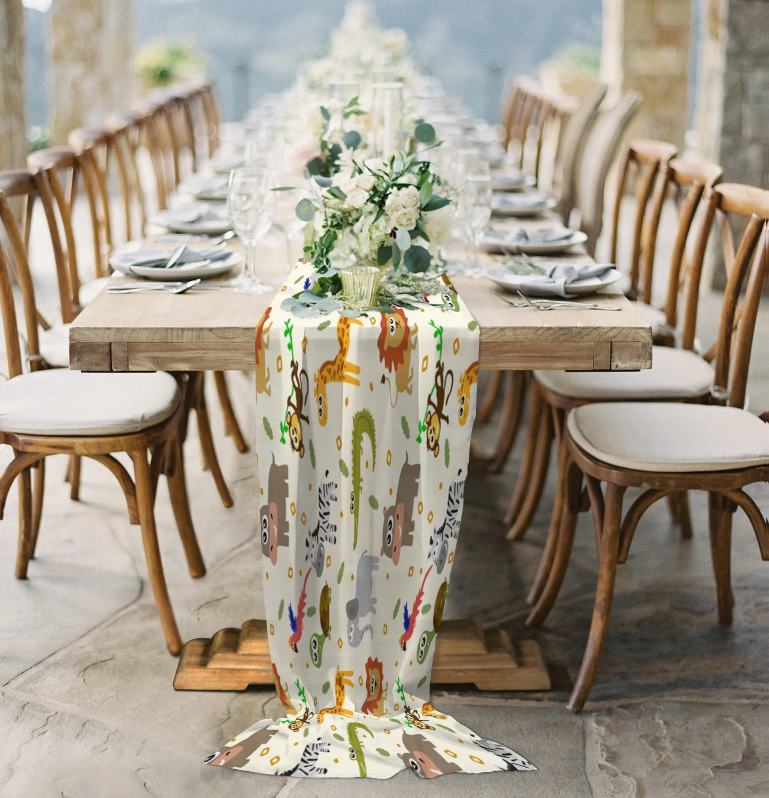 

Colorful Animal Deer Tortoise Leaves Chiffon Table Runner for Wedding Celebration Banquet Festival Party Backdrop Decor