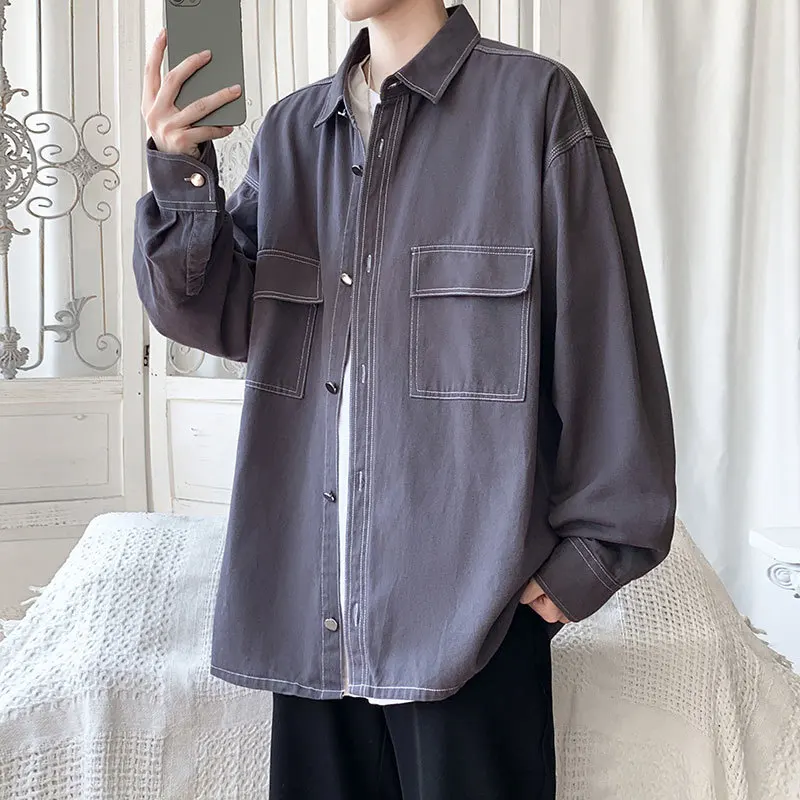Autumn Cotton Long Sleeve Shirts Men Fashion 3 Colors Retro Pocket Tooling Shirts Mens Japanese Loose Casual Shirts Men M-3XL