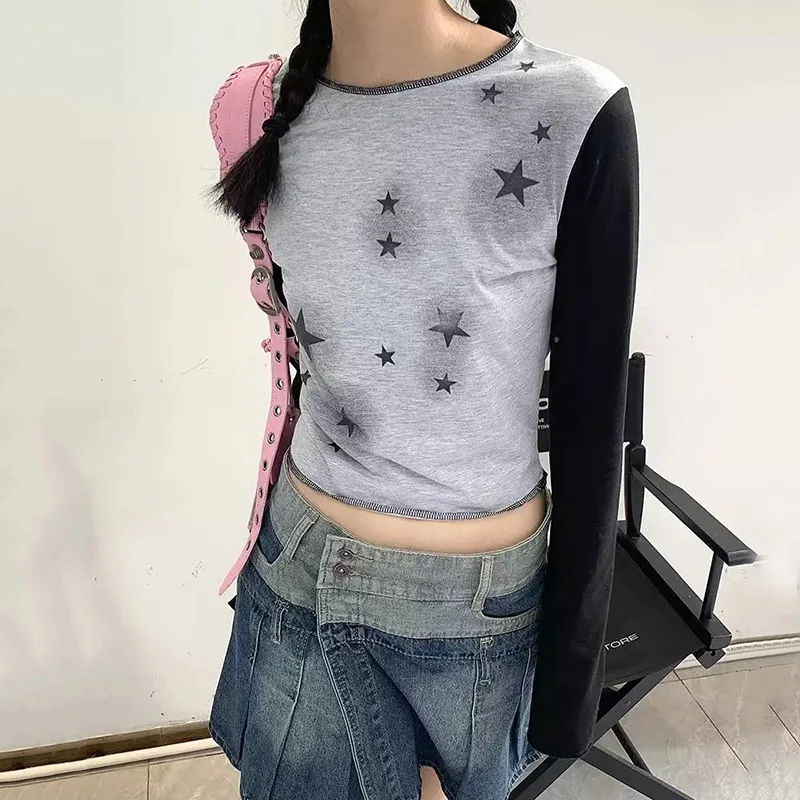 Karrram Y2k Aesthetics Crop Tops Gothic Patchwork T-shirt Grunge Star Print Tshirt Japanese Harajuku Tops E-girl 2000s Clothes images - 6