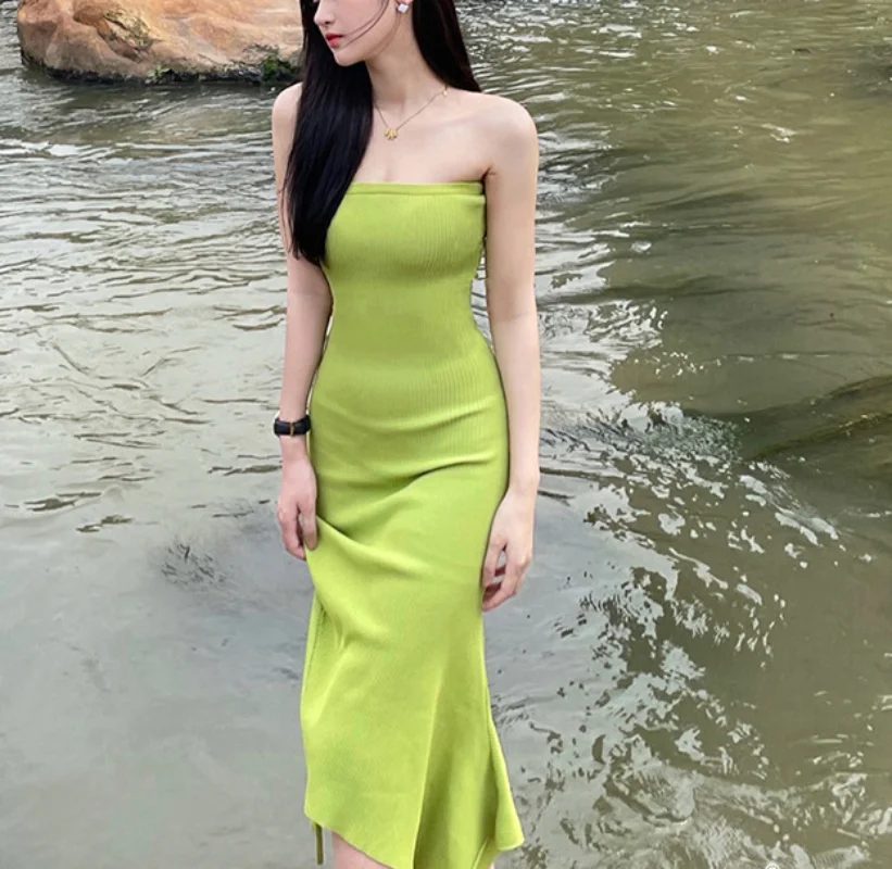 

Sexy Beachwear Holiday Summer Knitted Sweater Dress Women Spaghetti Strap Strapless Backless Lace Up Dresses Female Beach Robes