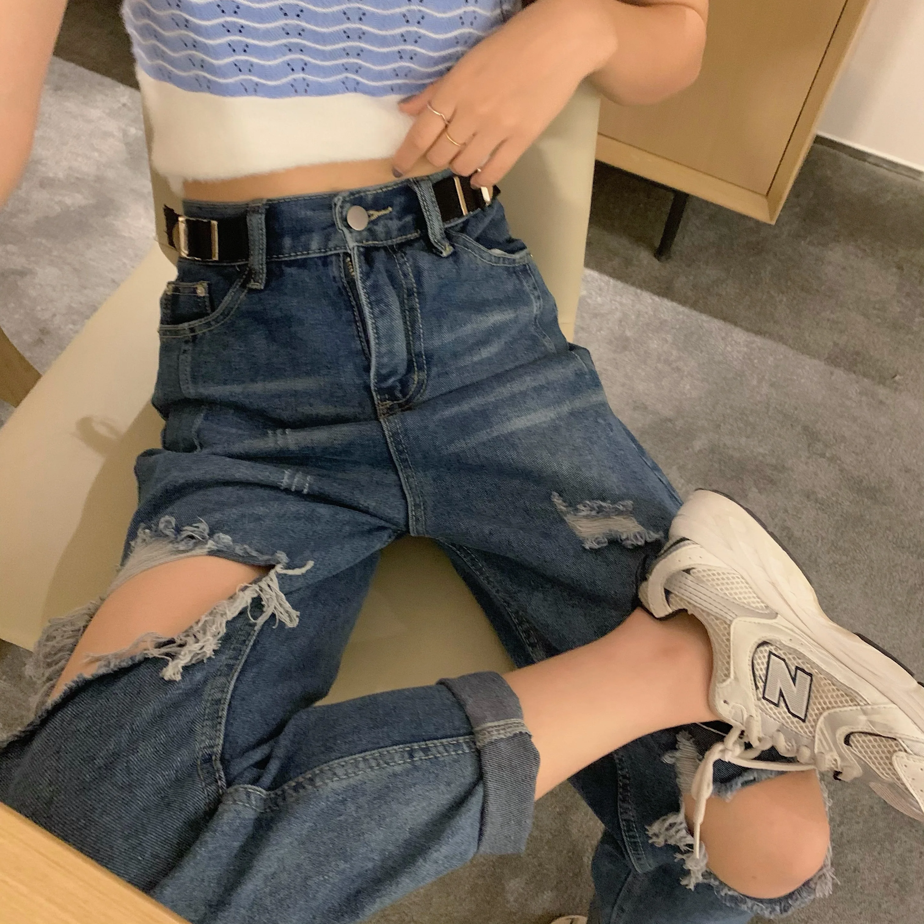 

High Waisted Ripped Hole Jeans for Women Fashion Trends Gothic Streetwear Teenage Girl Punk Style Denim Pants Distressed Clothes