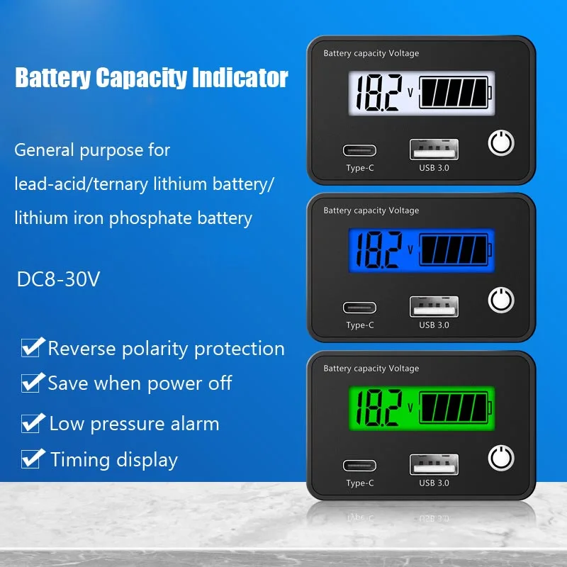 

6-in-1 Battery Capacity Indicator DC8-30V Lead Acid Lithium Batteries Level Tester USB3.0 Tpye-C Digital Voltmeter Voltage Meter