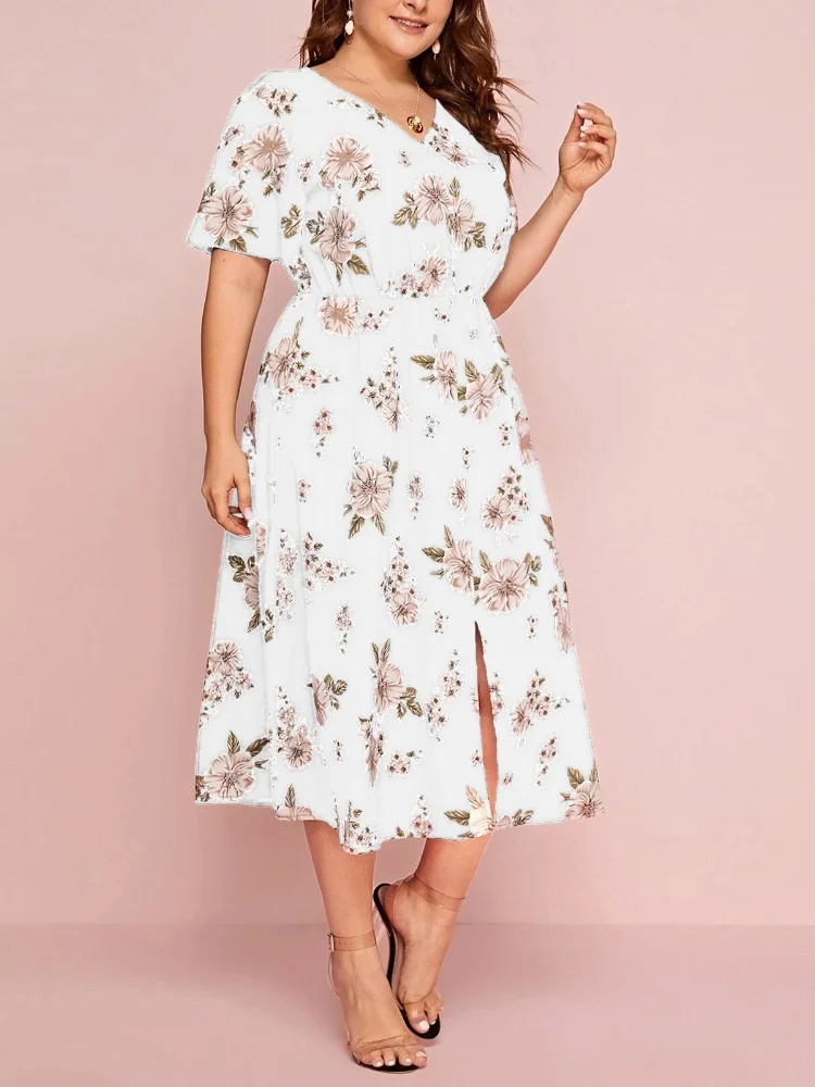 Women's floral print V-neck short-sleeved dress with waist cinched waist loose split midi chiffon plus size dress