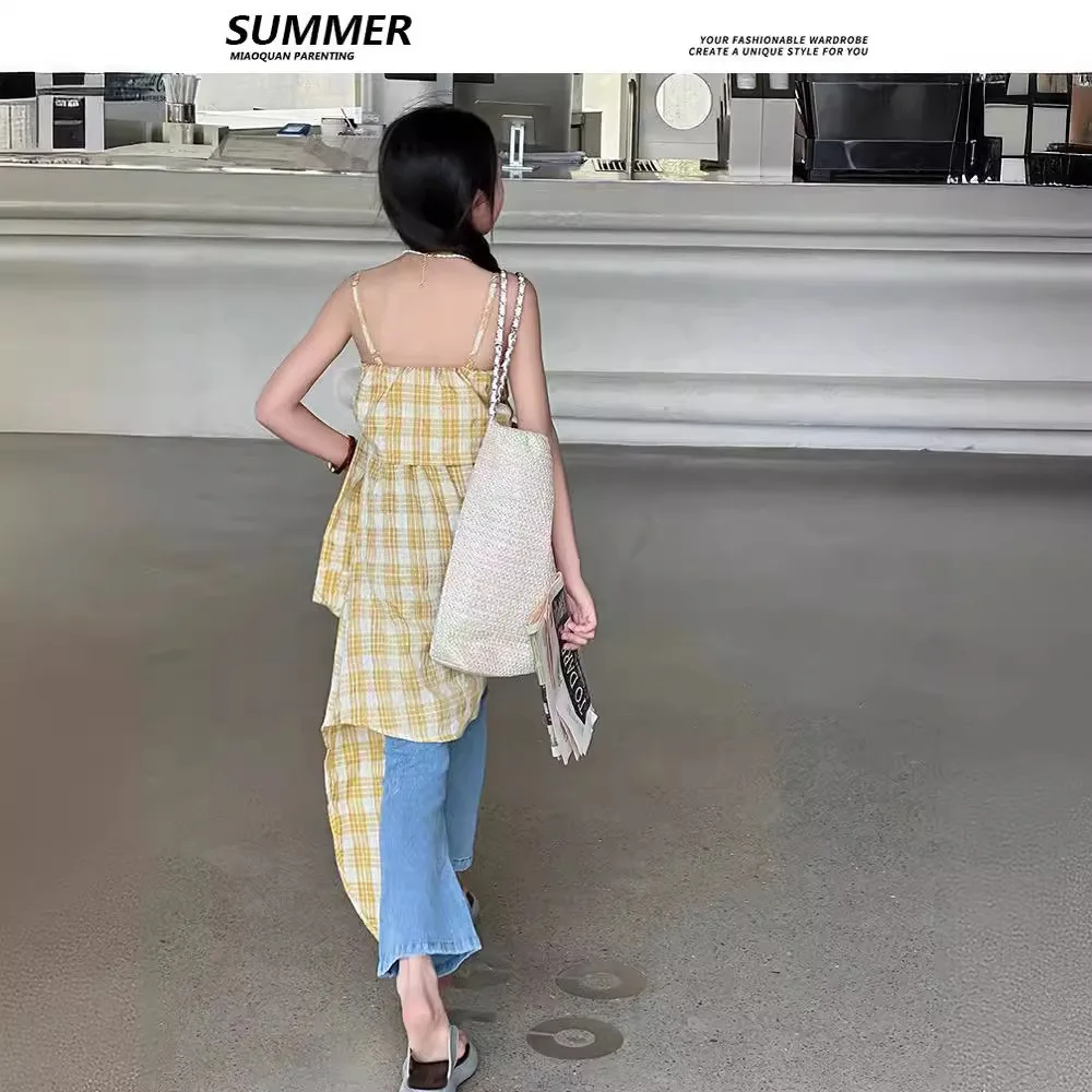 Платье для девочек в Корейском стиле Новинка лета 2024 клетчатый сарафан без