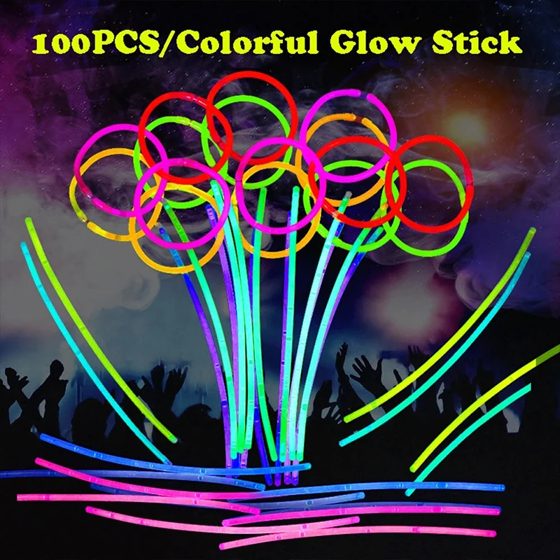 

100Pcs Fluorescence Glow Sticks Halloween Party Decor Supplies Neon Luminous Necklace Bracelets Concert Colorful Bright Lights