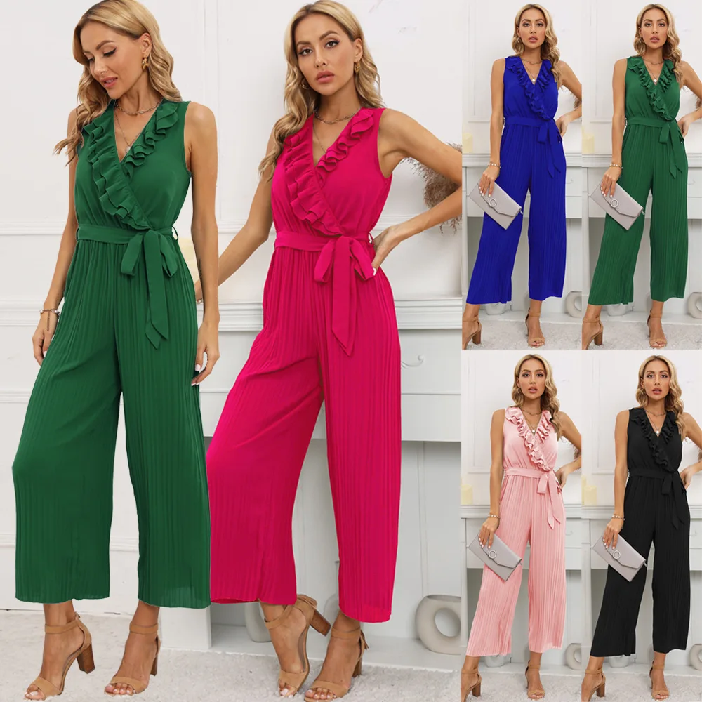 Summer Sexy Sleeveless Jumpsuit Women New Fashion Ruffle Lace V-neck Pleated Pants 2023 Streetwear Lady Outfit Clothes Jumpsuits