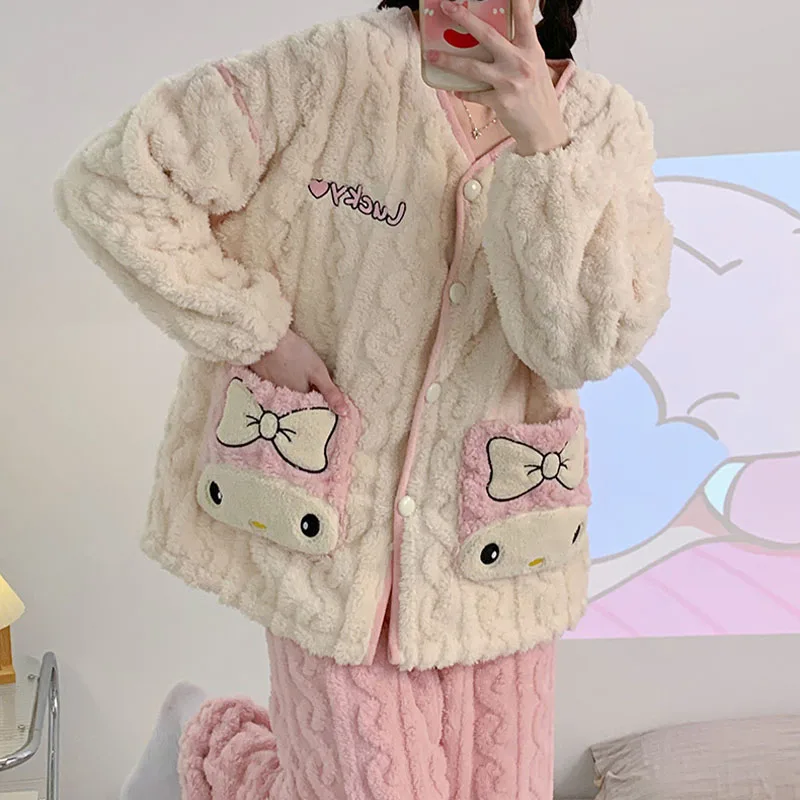 

Kawaii Sanrio Pajamas Hellokitty Mymelody Plush Y2K Plush Pajamas Two-Piece Women's Soft Thick Warm Winter Homewear Set Gift Toy