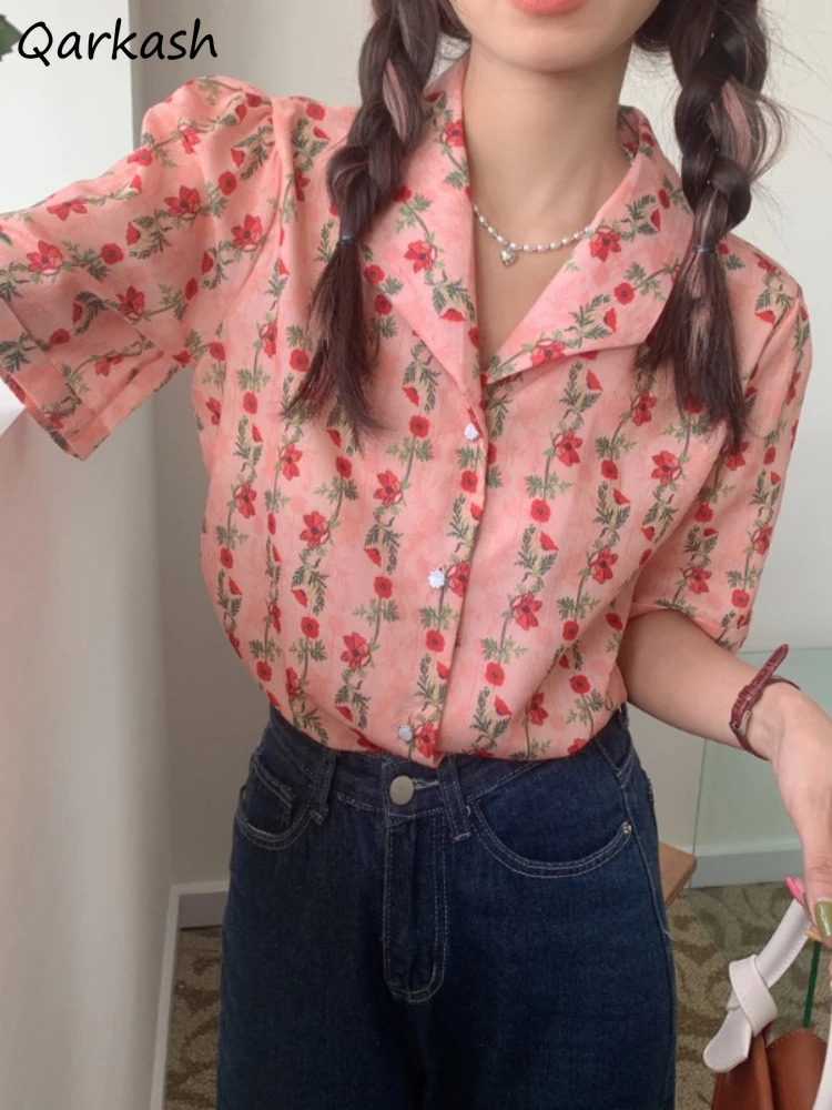 

Pink Floral Shirts for Women Retro Cute Sweet Females Girlish New Arrival Korean Preppy Style Harajuku Aesthetic Summer Tops Ins