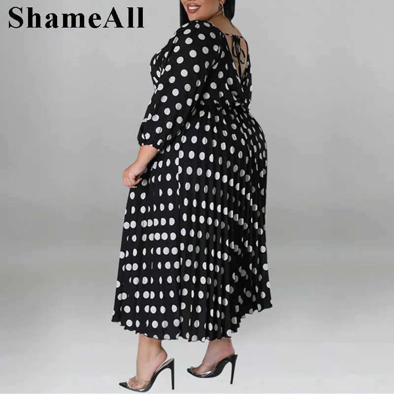 

Plus Size Polka Dot Square Collar Backless Long Maxi Dress with Belt 4XL Vintage Casual Sashes Big Swing Lace Up A-line Dresses