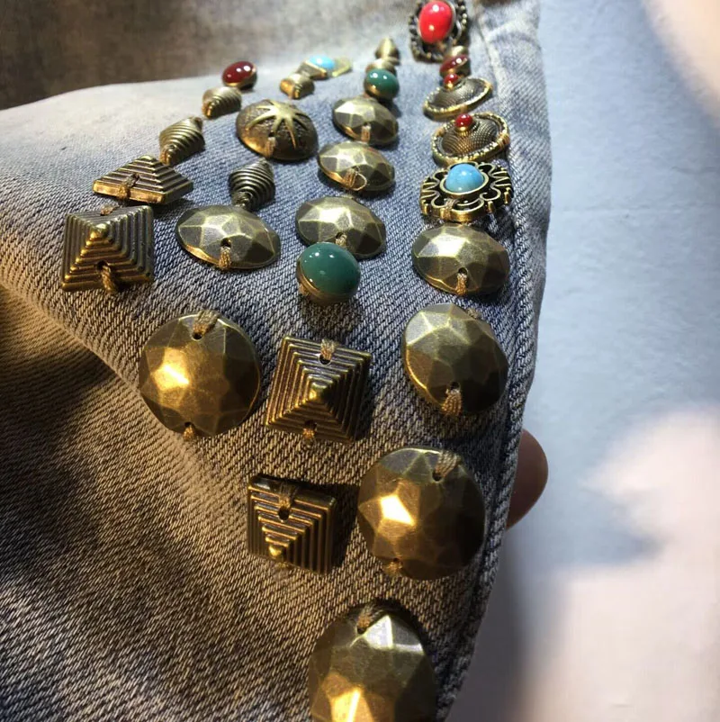 Europe 2023 New Summer Beading Tassel High Waist Denim Pants Vintage Stretch Jeans All-match Straight Knee-length Pants