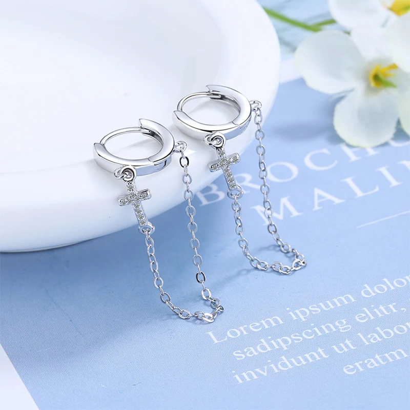 

Fashion Charming Tassel Hoop Earrings For Women Shiny Crystal Cross Chain Pendants Dangle Earring Piercing Hoops Huggie Jewelry