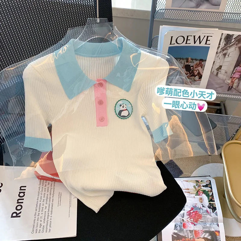 

OMCHIO Korean New Knitted Tops Color Stitching Polo Shirt Women's Short Sleeve Summer Sweet Preppy Style Short Sweater Female