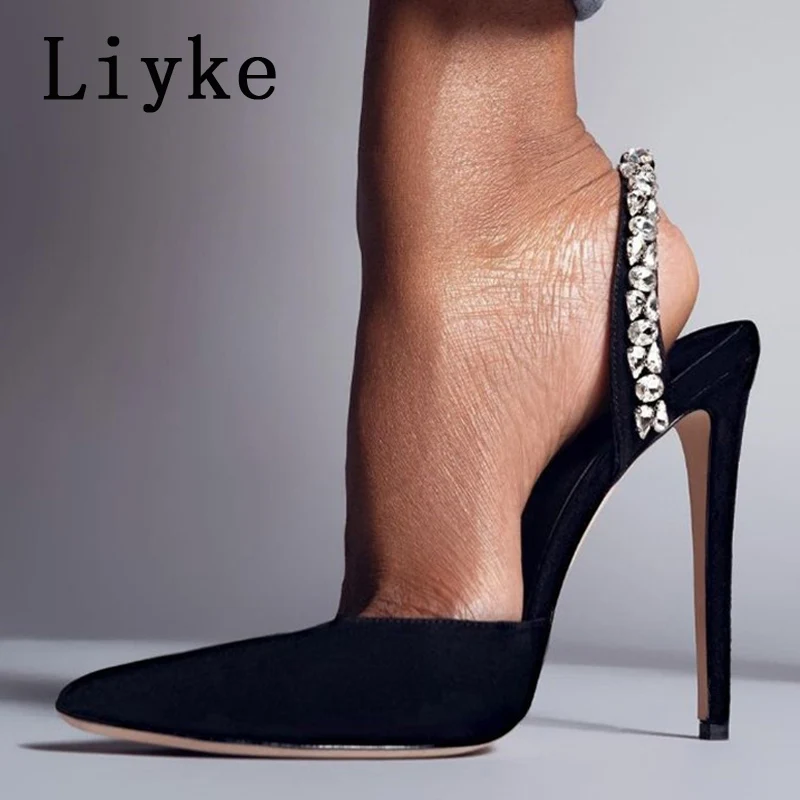 

Новинка 2022, черные женские сексуальные туфли Liyke на высоком каблуке, модные туфли-лодочки с ремешком на щиколотке, со стразами, туфли-лодочки