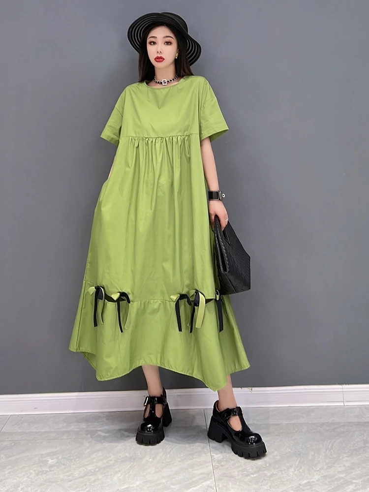 

SuperAen 2022 Summer New Fashion Casual Short Sleeve Cotton and Hemp Pleated O Neck Oversized Dress Women
