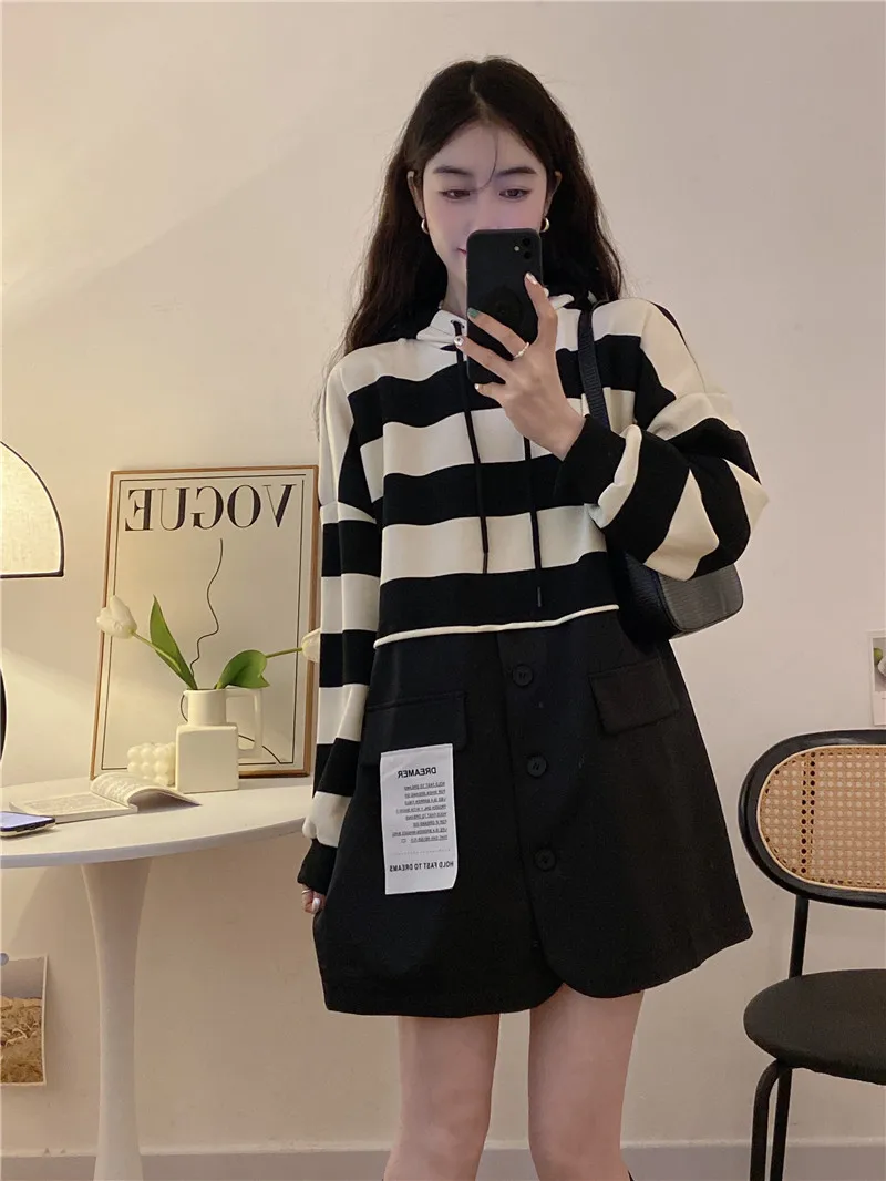 

GY1359 искусственное платье из двух частей с капюшоном, осень, корейский стиль, новинка 2022 года, полосатая прострочка, дизайнерская повседневная юбка с длинным рукавом