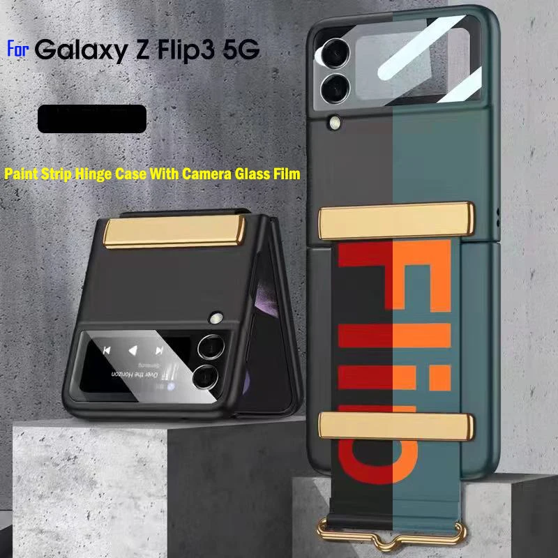 

For Samsung Galaxy Z Flip 3 5G Strap case Ultra Thin PC Cover For Galaxy Z Flip3 Case With Camera Glass Protection Film funda