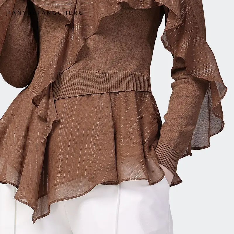 Женская шифоновая блузка с оборками приталенная трикотажная прострочкой на