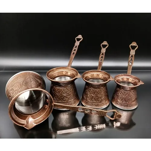 

Set of 4 Turkish Pattern Copper Casting Coffee Pot Coffee Maker Handmade Traditional Design Decorative Gift Accessories