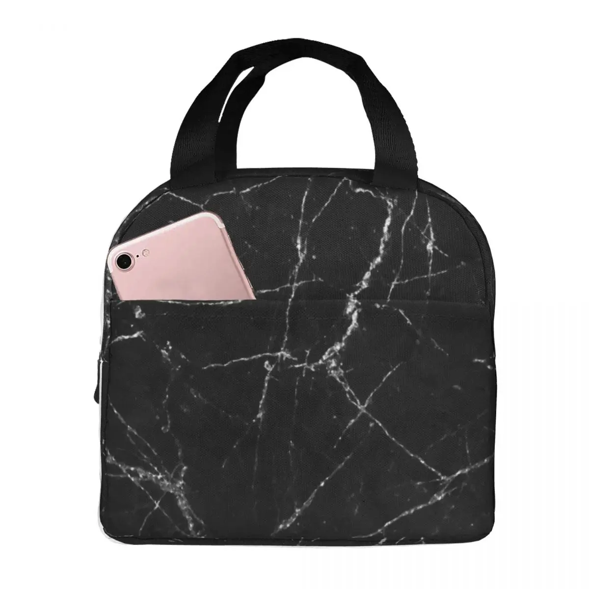 

Lunch Bags for Men Women White Gold On Black Marble Insulated Cooler Portable School Modern Oxford Lunch Box Handbags
