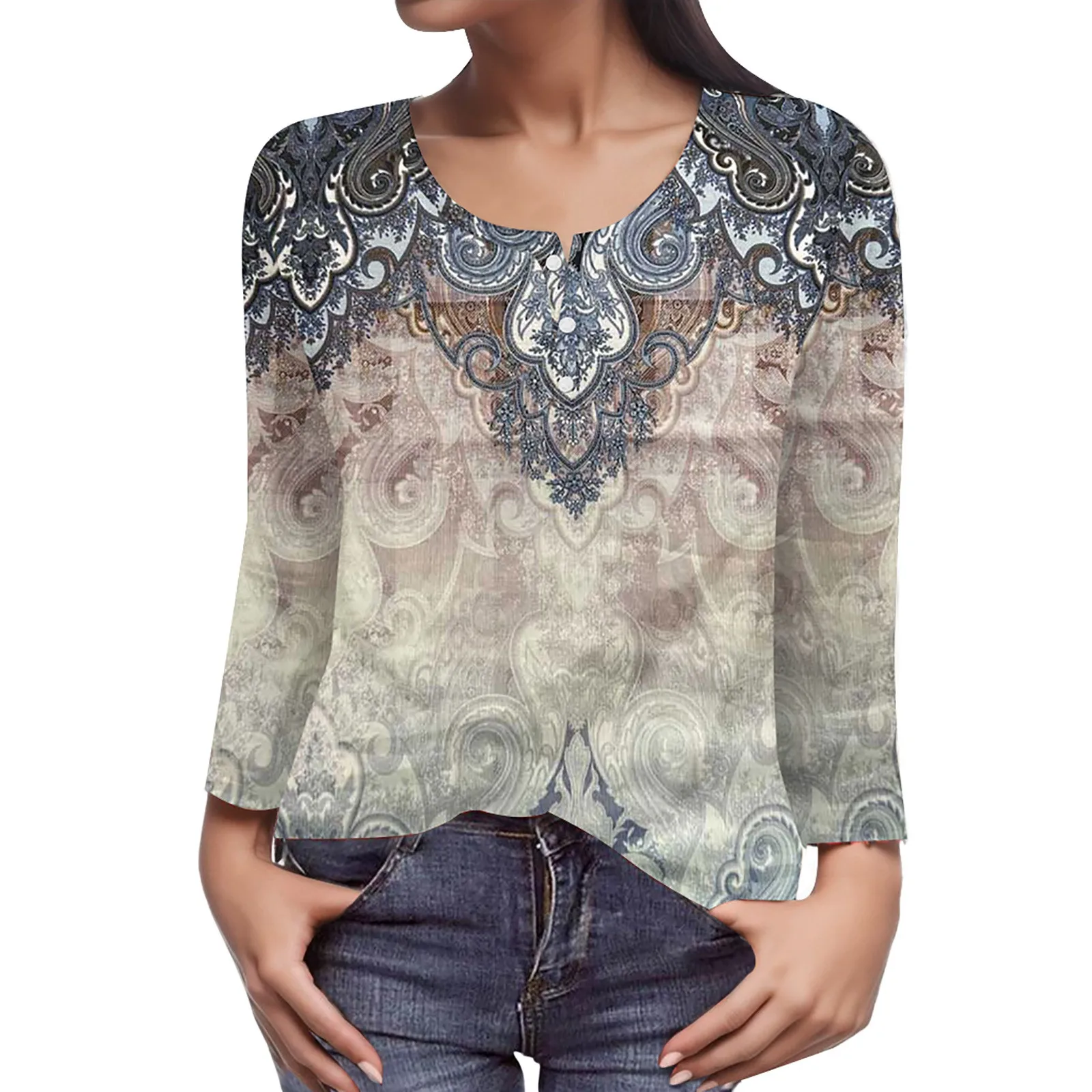 

Women'S Ethnic Printed T Shirt Vintage Graphic Tee Tops Casual Long Sleeve Round Neck T-Shirts Elegant Sweet Shirts Camiseta
