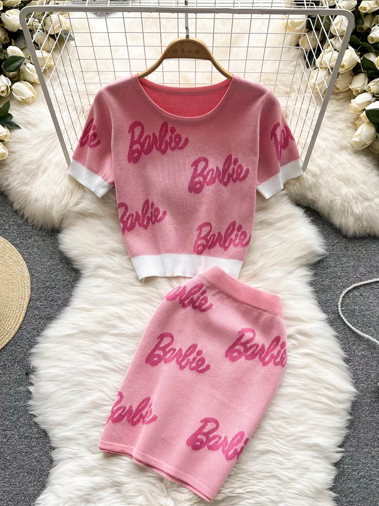 

YuooMuoo Women Dress Set 2022 Summer Brand Fashion Letters Knitted Tops + Short Skinny Mini Skirts Two Piece Suits