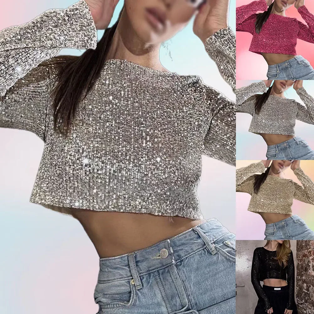 Женский Блестящий укороченный топ с блестками Сексуальная футболка длинным