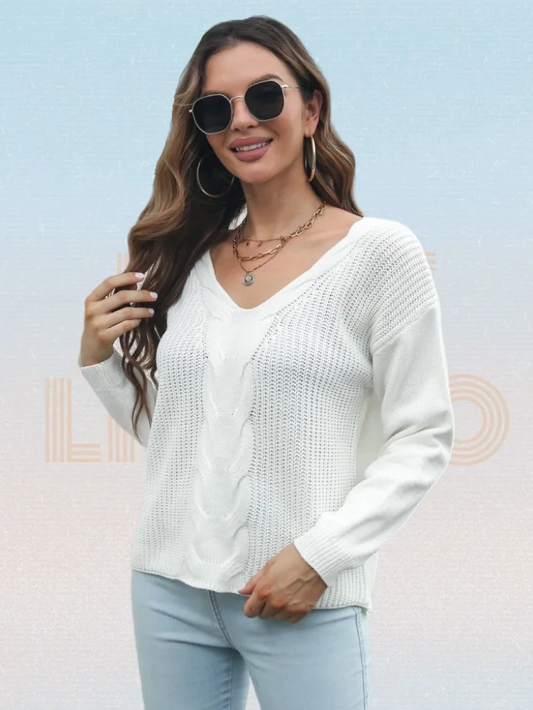 

Женский свитер, простой вязаный свитер с V-образным вырезом и спущенными плечами, женский осенне-зимний свободный свитер с длинными рукавам...