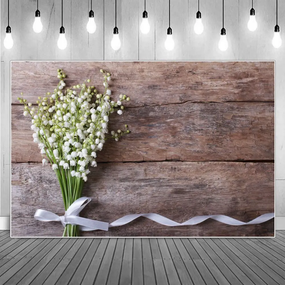 

Brown Log Plank Decoration White Enkianthus Photography Backdrop Kids Wood Grain Board Ribbon Flat Lay Party Photo Background