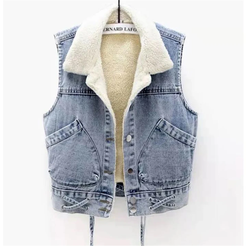 

Autumn Lamb Wool Liner Plush Thick Cowboy Vest Winter Plus Velvet Warm Women Denim Waistcoat Female Gilet Sleeveless Vest Jacket