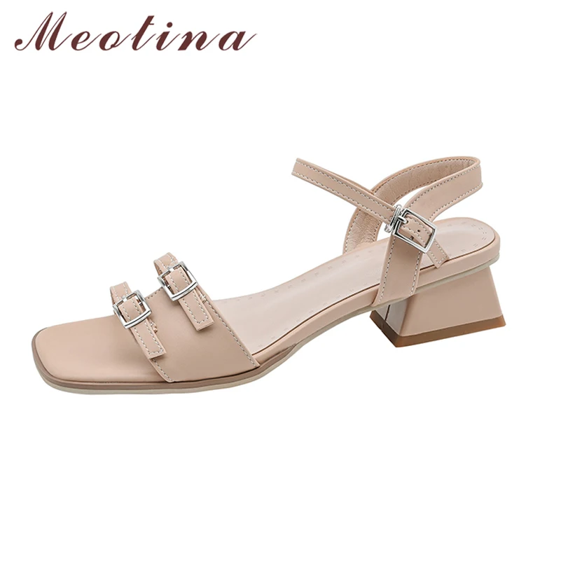 

Meotina Women Sandals Square Toe Chunky Mid Heels Buckle Concise Design Ladies Fashion Casual Shoes Summer Apricot Beige 43