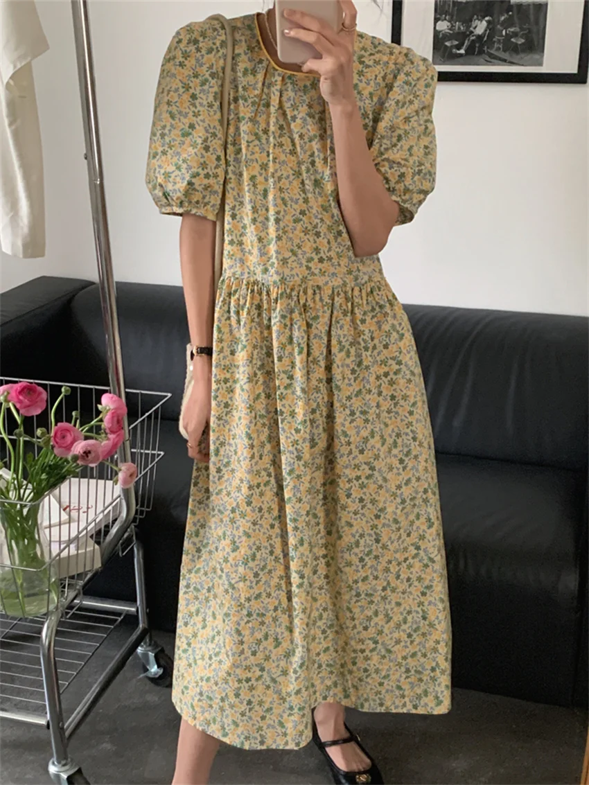 

Alien Kitty Prairie Style Yellow Florals Dress Sweet Women Printed Hot High Waist Casual Summer Short Sleeve Office Lady New