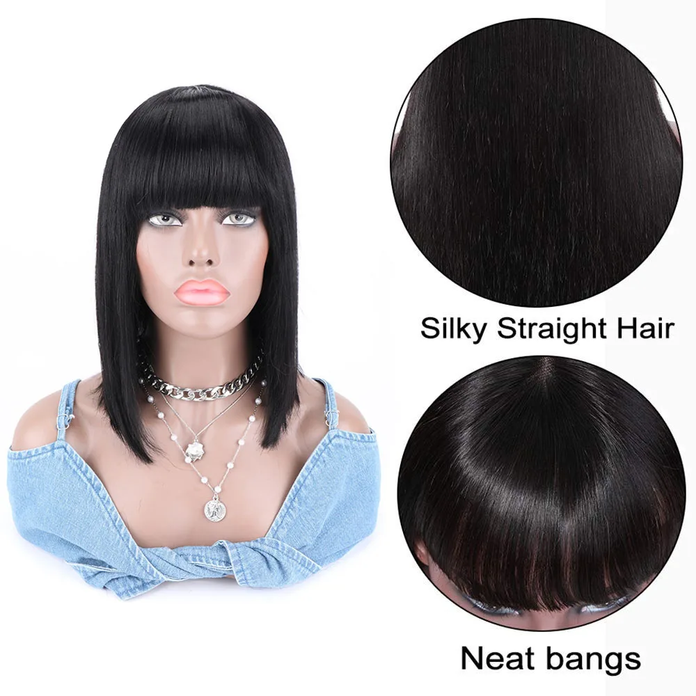 Bliss Bob with Bangs Human Hair Wig Straight Brazilian Remy Bob Hair Wigs Full Machine Made Cheap Human Hair Wigs for Women