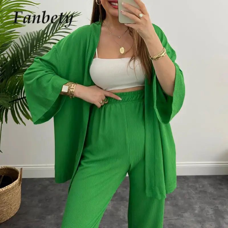 

Casual Loose Elastic Waist Pants Two Piece Set Fashion Solid Color Tops Cardigan & Pants Set Spring Autumn Long Sleeve Shirt Set