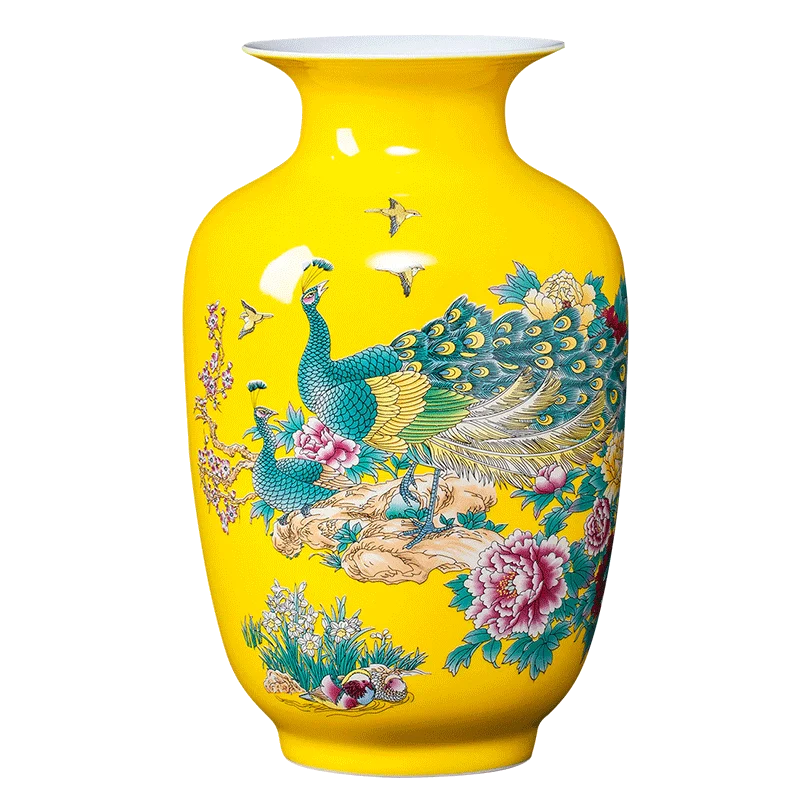 

Jingdezhen Ceramic Peacock Vase Ornaments Famille Rose Yellow Glaze Vase Flower Arrangement