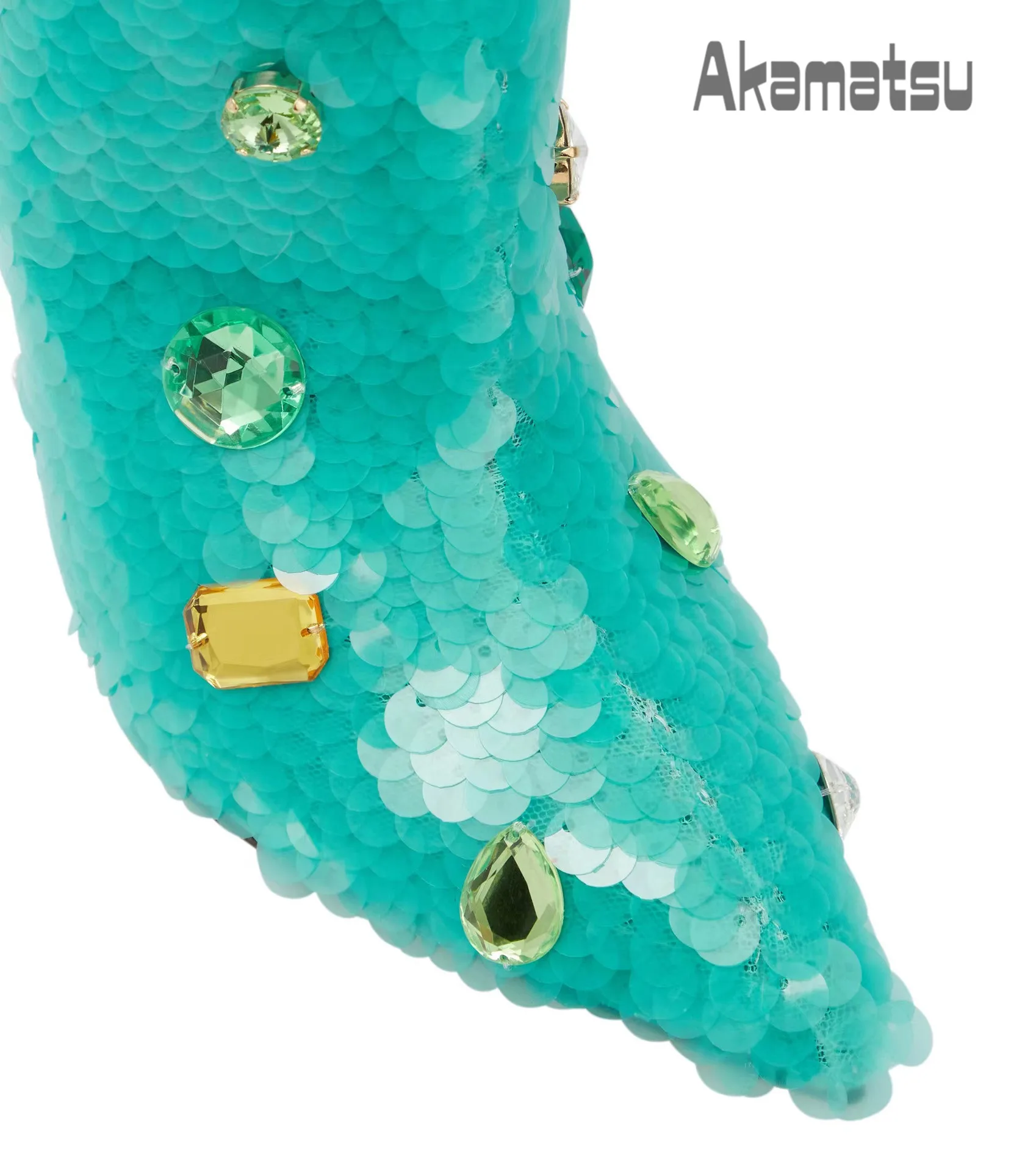 Green Sequined Rhinestone Large Diamond Knee-Length Women's Boots New Style Pointed Toe Slip On Stiletto Pumps Large Size 34-43