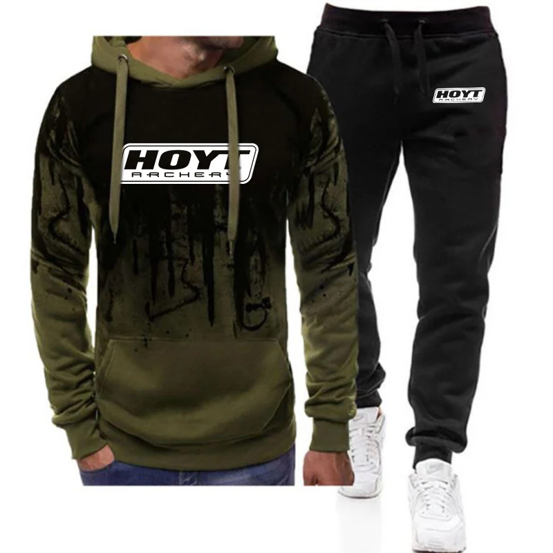 

Huo Yite archery men's new gradient sweater hooded coat+pants two-piece leisure pants suit