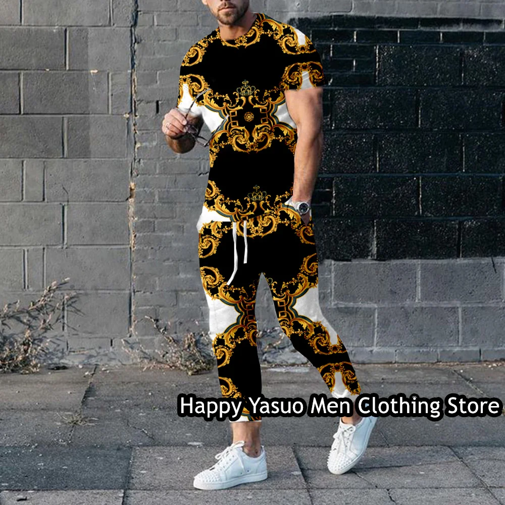 Summer Men‘s T Shirt Trousers Set Luxury Gold Print Male Clothes Outfit Fashion Tracksuit 2 Piece Suit Casual Jogging Sportswear
