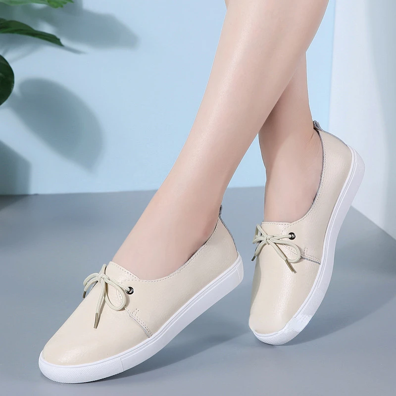

XIHAHA Casual Comfortable Women's Flat White Lace-up Shoes Summer Vulcanized Sneakers Ladies Light Soft Shallow Mouth Loafers