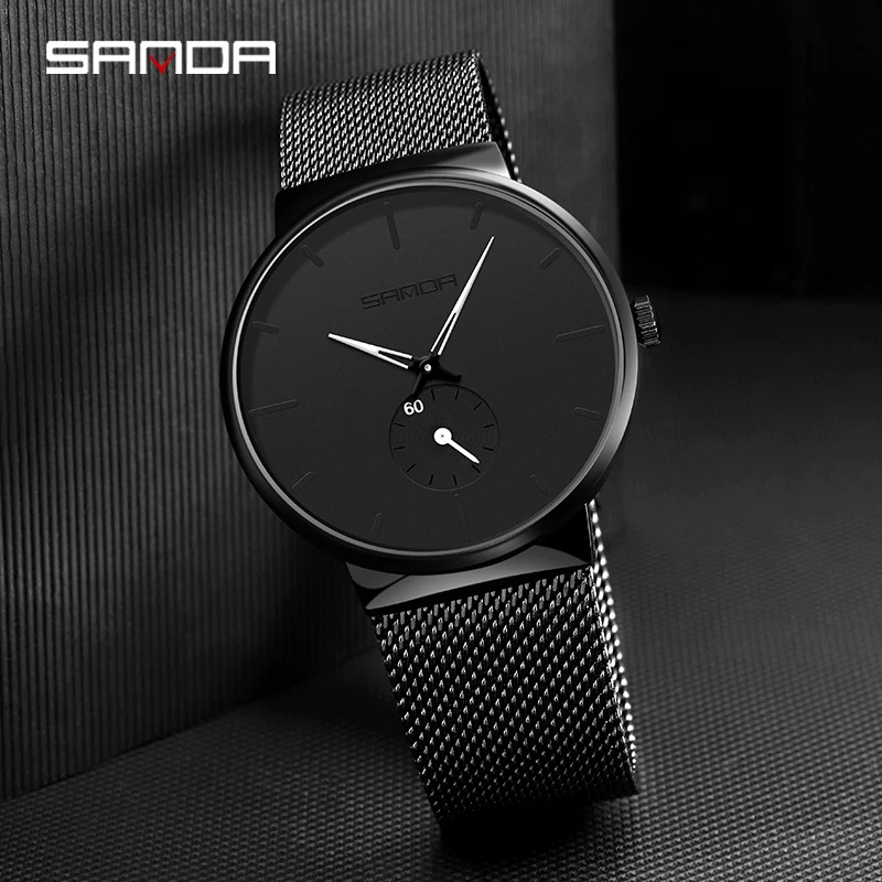 

SANDA 2022 New Fashion Men Quartz Watch Luxury New Ultra Thin Simple Stainless Steel Mesh Belt Waterproof Clock Analogwristwatch