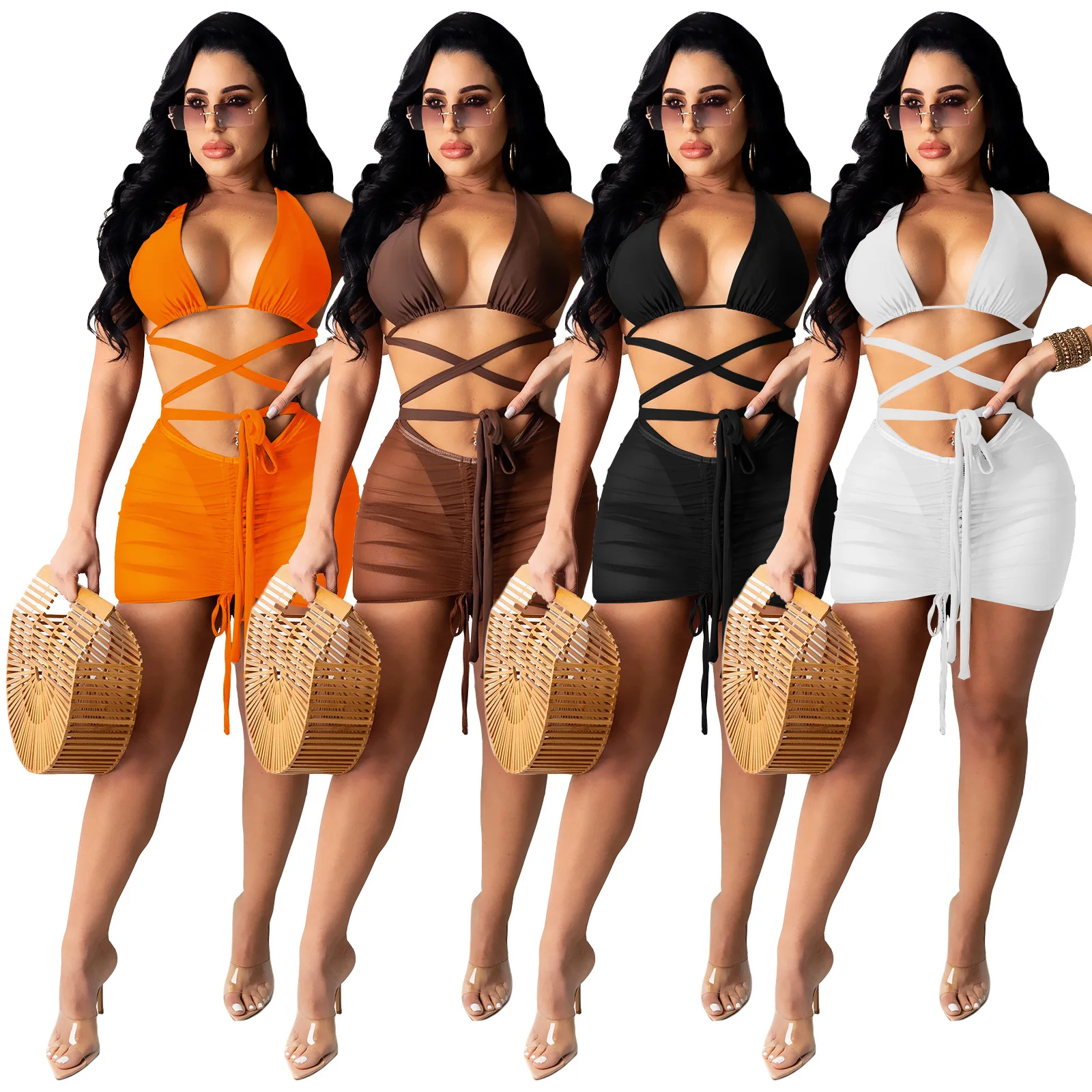 

Bikini Set Summer Dress 2022 Beach Outfits For Women Sexy Swimwear Mesh Skirt Women Clothing 3 Piece Sets Swimsuit