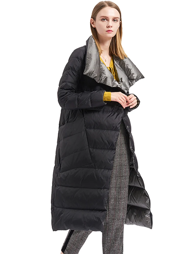 Women Double Sided Down Long Jacket Winter Turtleneck White Duck Down Coat Double Breasted Warm Parkas Snow Outwear