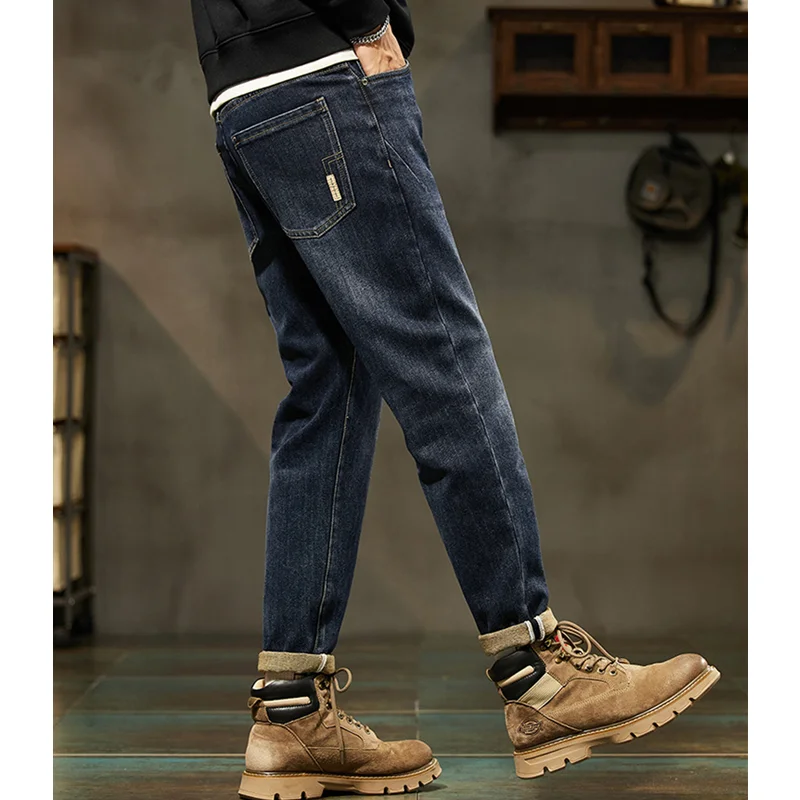 Men Clothing 2022 Autumn and Winter New Straight Loose Cylinder High-end Jeans Vintage Elastic Force Bluish Harun Trousers Women