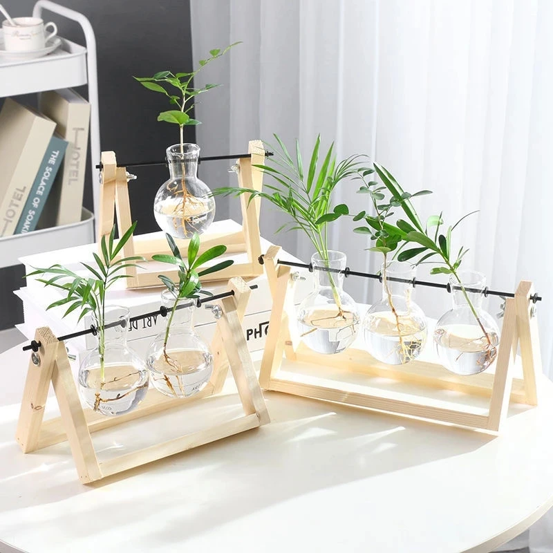 

Terrarium Creative Hydroponic Plant Transparent Vase Wooden Frame vase decoratio Glass Tabletop Plant Bonsai Decor flower vase